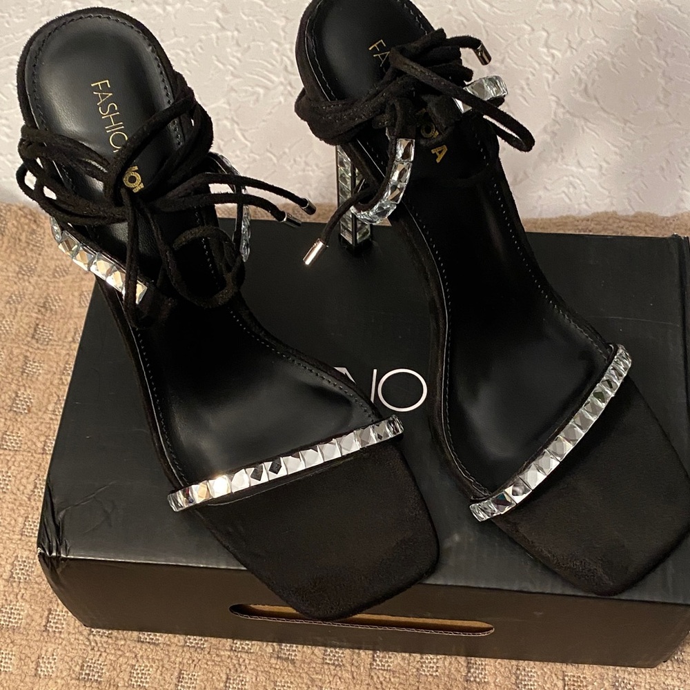 Fashion Nova Black and Silver Heels
